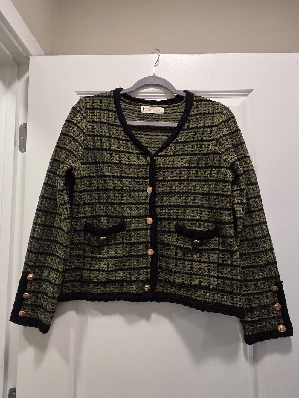 Belle Poque Women’s Green Black Tweed Knit Cardigan Medium